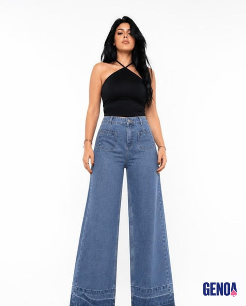 Blue 90s Patch Wide Leg Jeans - GENOA front view (fixed)