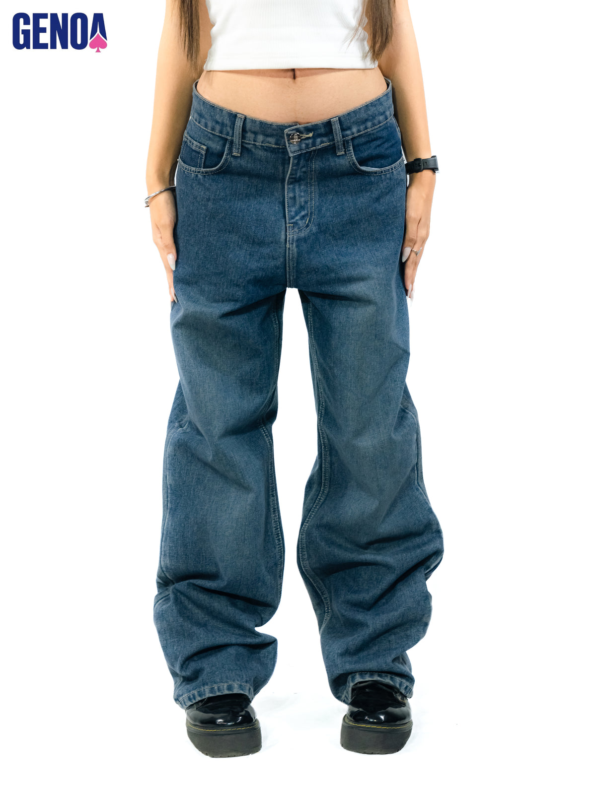 Relaxed Fit Wide Leg Jeans -Stone Mid Blue- GENOA