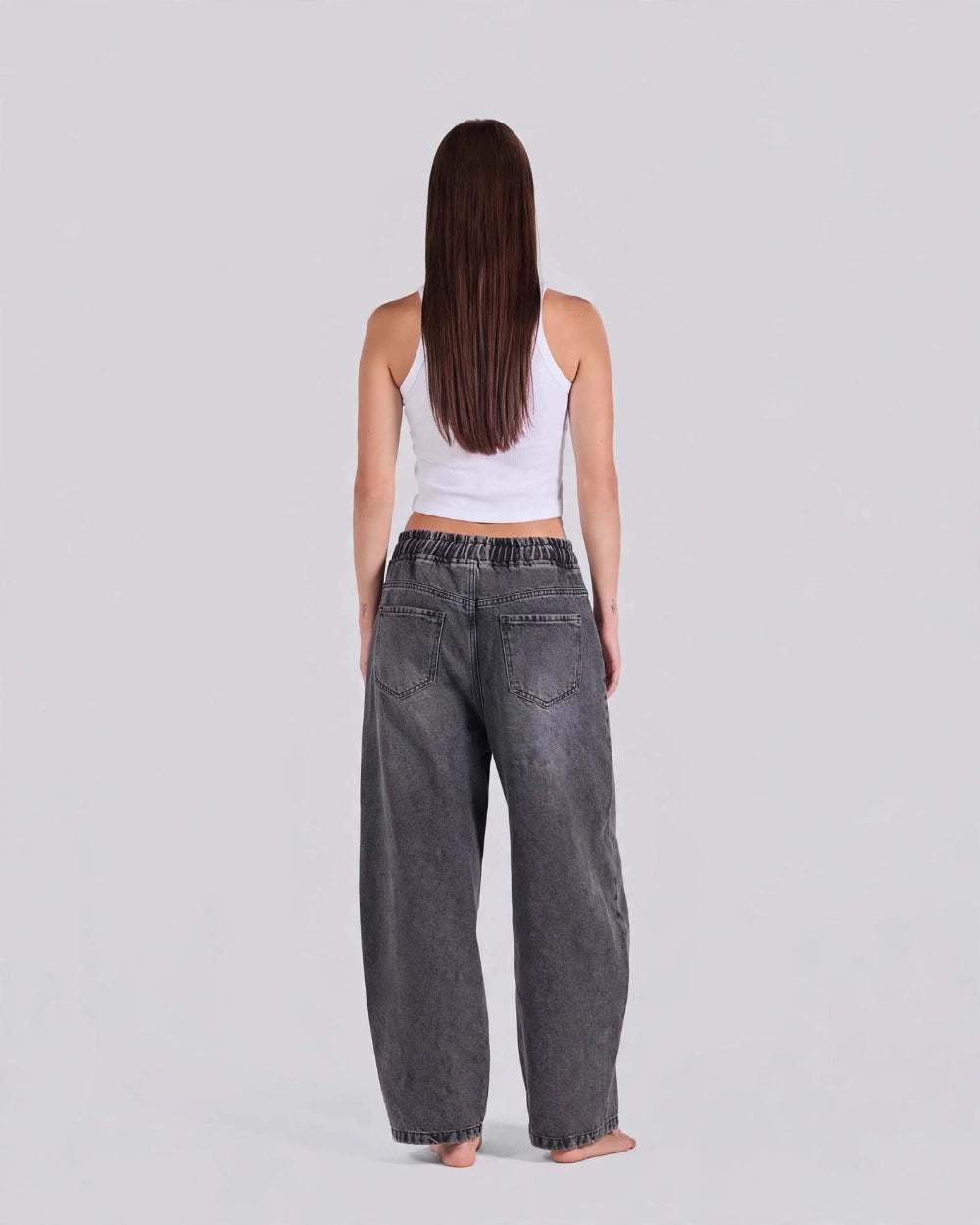 Elastic Drawstring Baggy Jeans – Gray