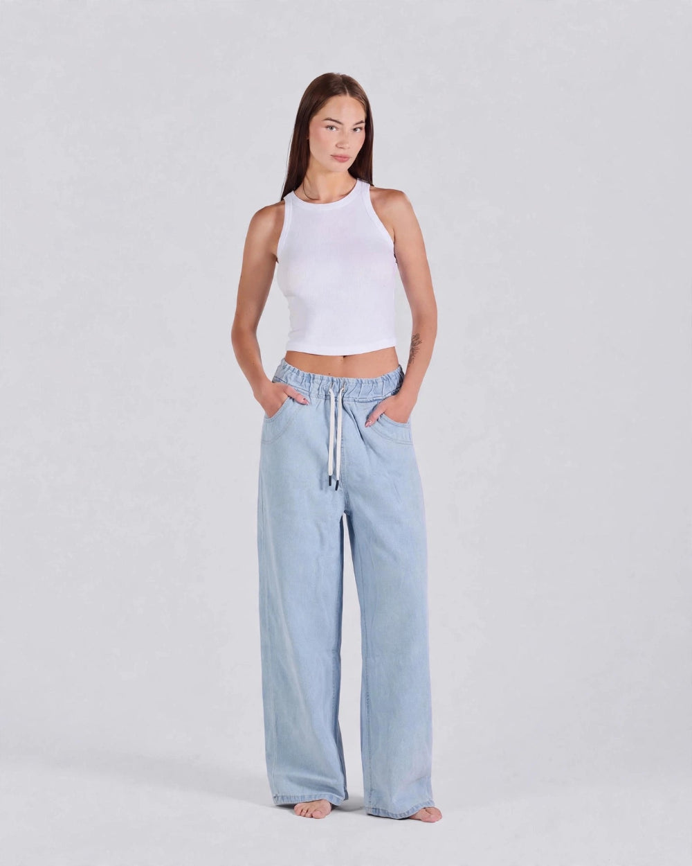 Elastic Drawstring Baggy Jeans – Ice Blue