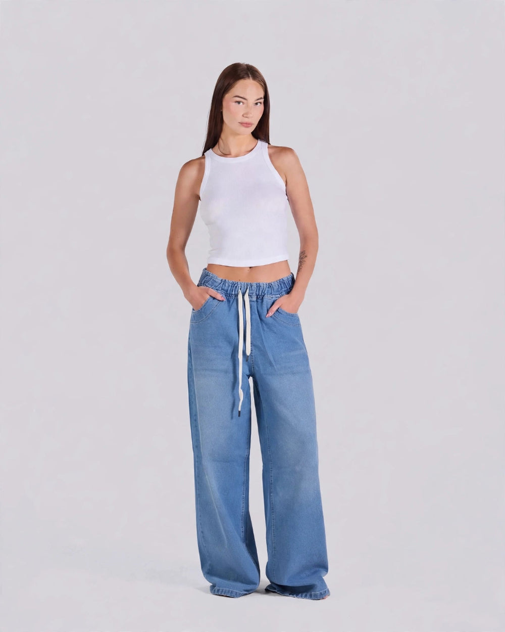 Elastic Drawstring Baggy Jeans – Light Blue