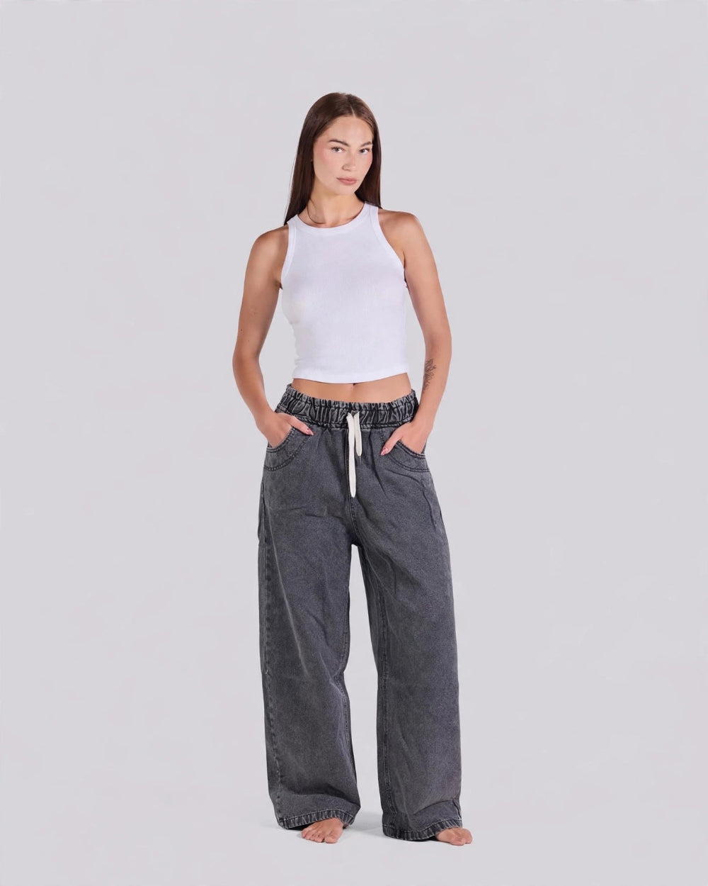 Elastic Drawstring Baggy Jeans – Gray