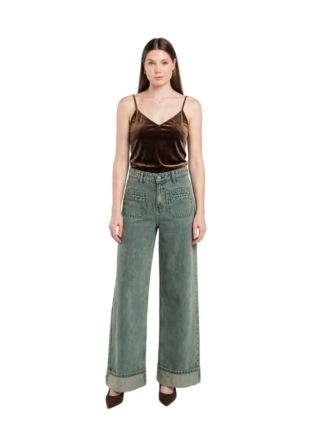 Olive Wide Leg Fit Jeans - Stylish & Trendy - GENOA